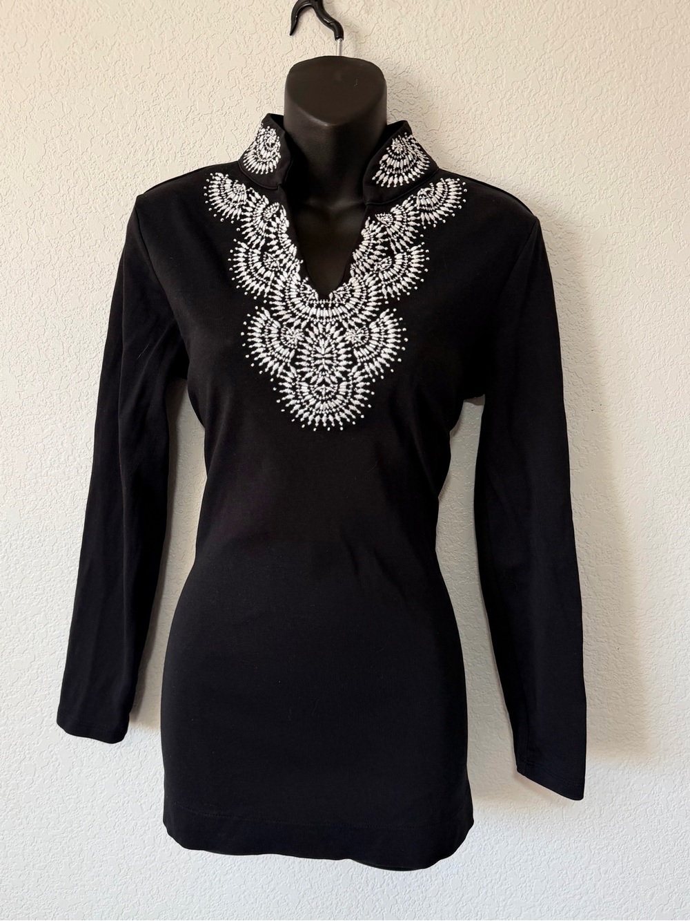 Charter Club Black Long Sleeve Top with White Embroidered V-Neck
